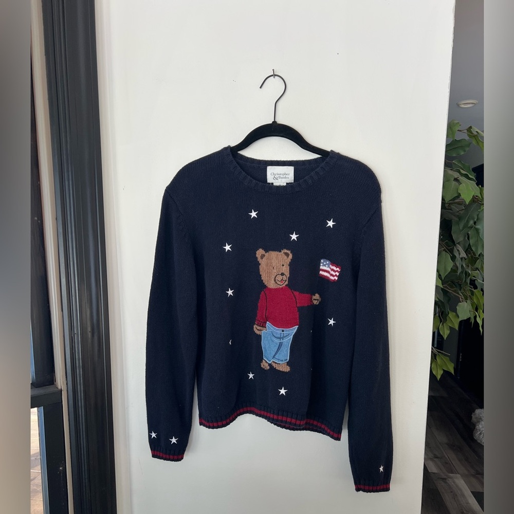 Christopher & Banks Men's Black Sweater with Bear and Flag Design